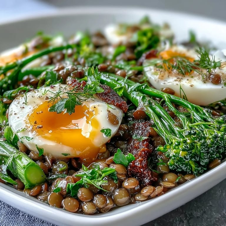 French Lentil Salad With Broccolini and Soft-Cooked Eggs served in a rustic bowl with a Dijon vinaigrette.