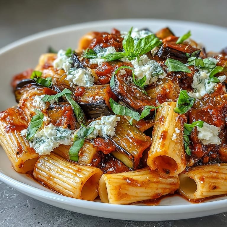 A comforting Sicilian Pasta Alla Norma steams in a rustic bowl, with tender eggplant and vibrant red sauce inviting a sprinkle of grated ricotta salata.