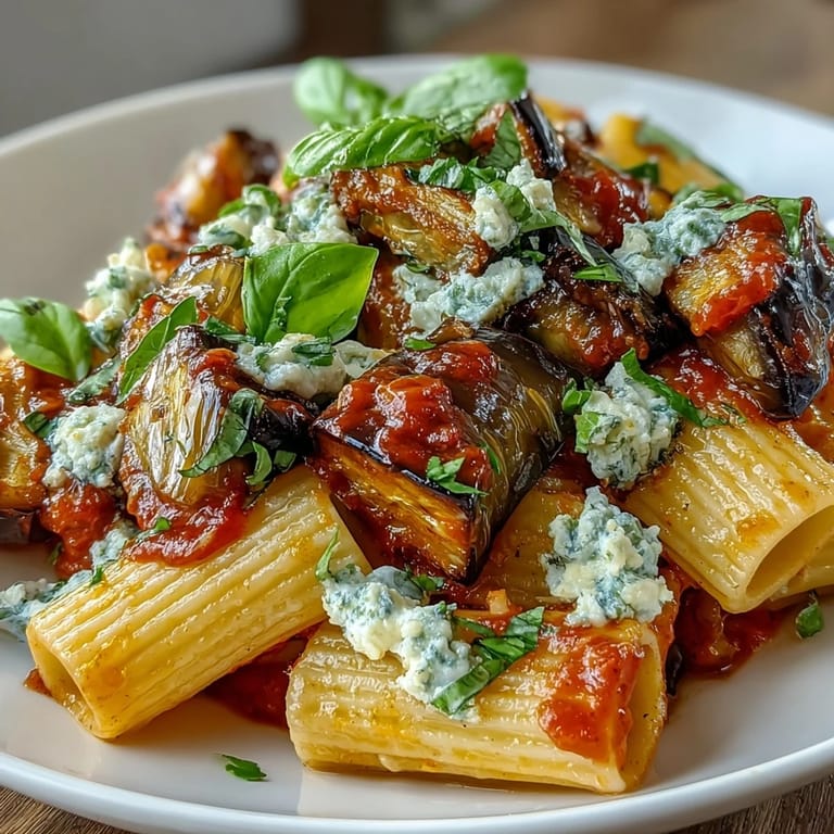 Penne pasta tosses with savory roasted eggplant and a hearty tomato base for this authentic Pasta Alla Norma, garnished generously with fresh basil and salty cheese.