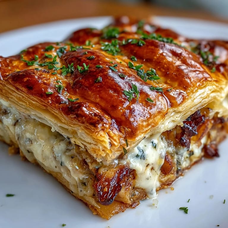 This comforting Chicken and Leek Pie, a classic British main dish, sits golden-brown and steaming with savory herb sauce next to a fresh green salad.