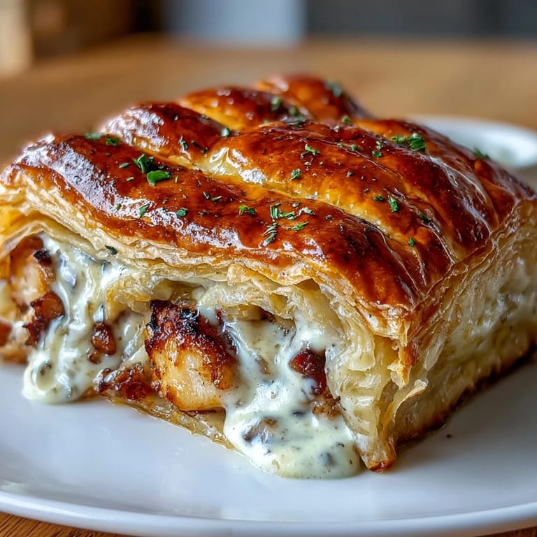 A rustic slice of Chicken and Leek Pie rests on a wooden board, showcasing rich chunks of chicken, soft leeks, and a thick, creamy herb gravy.