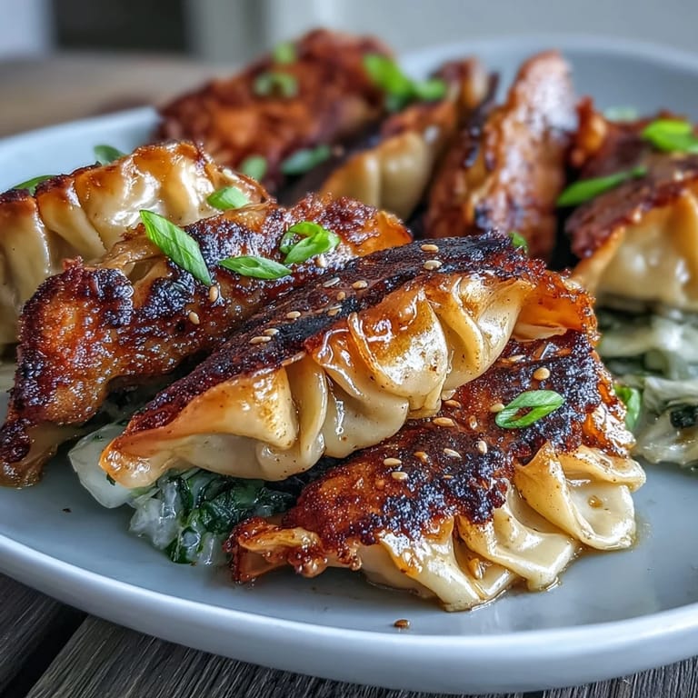A close-up shows the tender, pan-fried smashed gyozas garnished with sesame seeds, served hot as a delicious weeknight appetizer.  