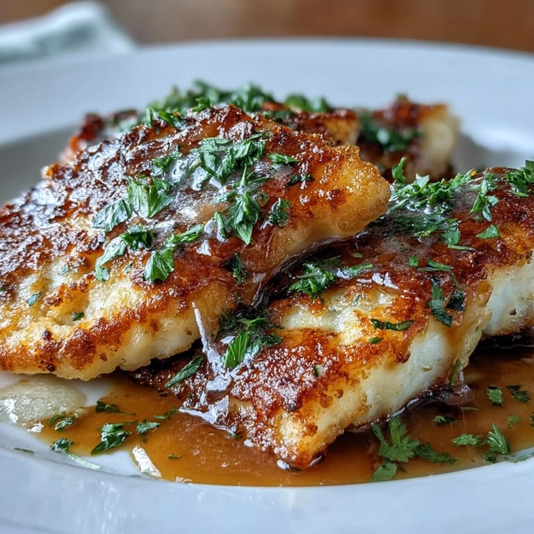 Delicate pan-fried flounder meunière with a nutty brown butter sauce and lemon wedges, served hot.