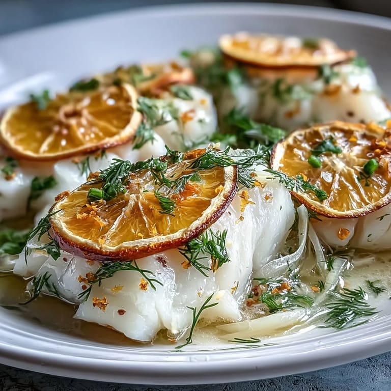 Bright Mediterranean poached cod with fennel and orange, flaky and tender, on a bed of vegetables with a splash of white wine broth. 