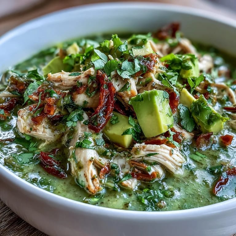 A comforting bowl of Chicken Chili Verde, simmered with poblano and jalapeño peppers, with lime wedges on the side.