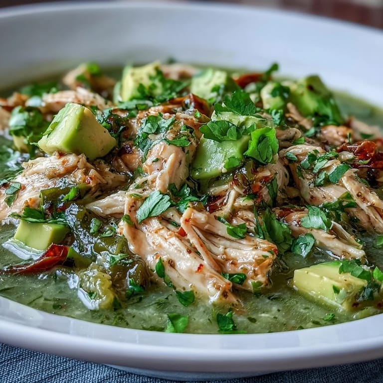 Hearty Mexican-style Chicken Chili Verde featuring tender meat, a tangy green salsa, and fresh cilantro garnish for a bright finish.