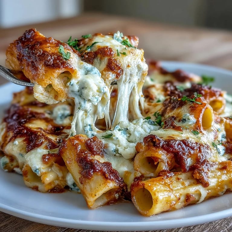 Creamy ricotta and Parmesan layers in a baked ziti casserole, perfect with a side salad and garlic bread for dinner.