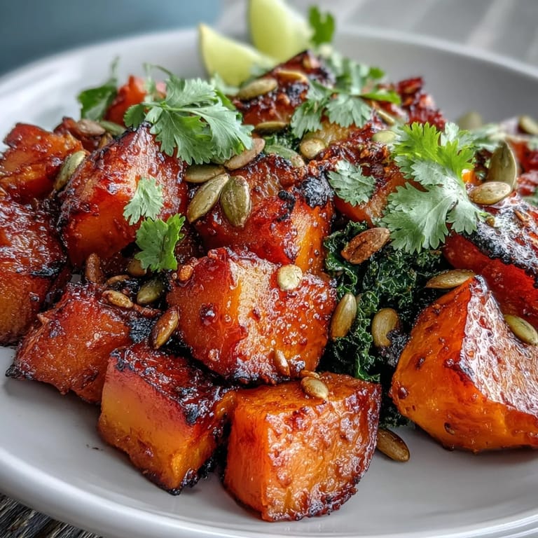 Close-up of glazed Sweet and Spicy Red Kuri Squash Bowl with caramelized edges and wilted kale.