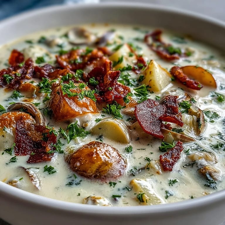 A close-up of a cozy, finished bowl of New England Clam Chowder, garnished with fresh parsley and paired with crusty bread.