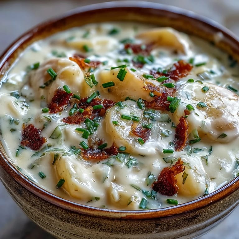 Close-up of velvety Potato Leek Soup, highlighting tender potatoes, soft leeks, and a swirl of cream.