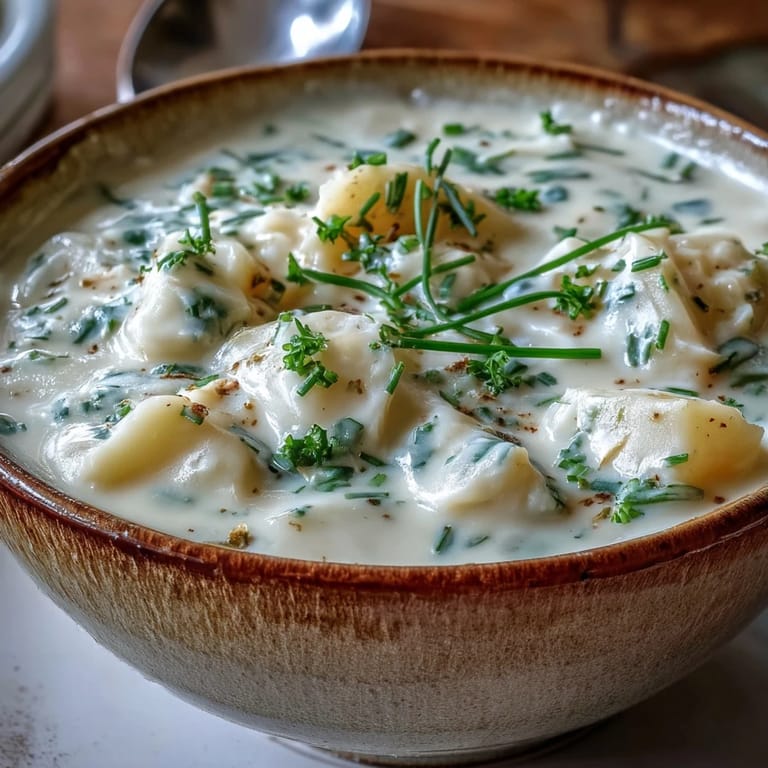 Potato Leek Soup topped with crispy bacon, served hot alongside a glass of white wine.