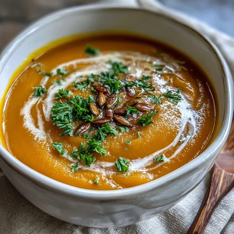 Homemade Carrot Ginger Soup in a white bowl, garnished with parsley and a lemon wedge for brightness.