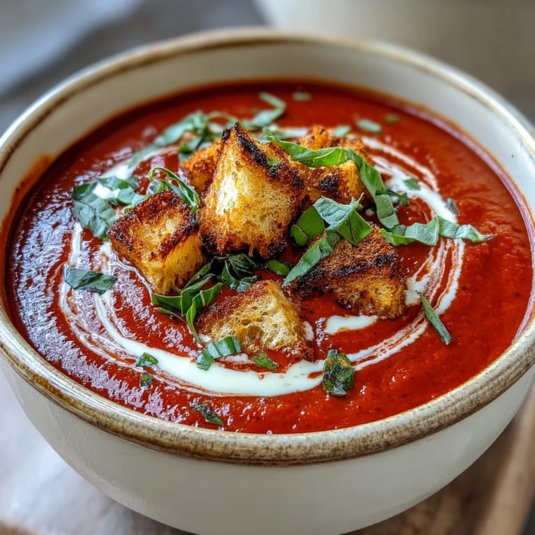 Rich red texture of homemade Creamy Roasted Tomato Soup garnished with a swirl of cream and crispy oregano croutons.