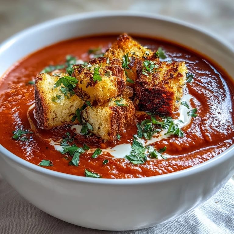 Roasted red pepper soup is served with golden, crunchy croutons and a swirl of cream, perfect for cozy lunches.