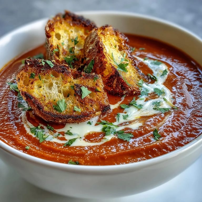 Vibrant roasted red pepper soup garnished with crispy croutons and fresh parsley, a Mediterranean-inspired vegetarian dish.