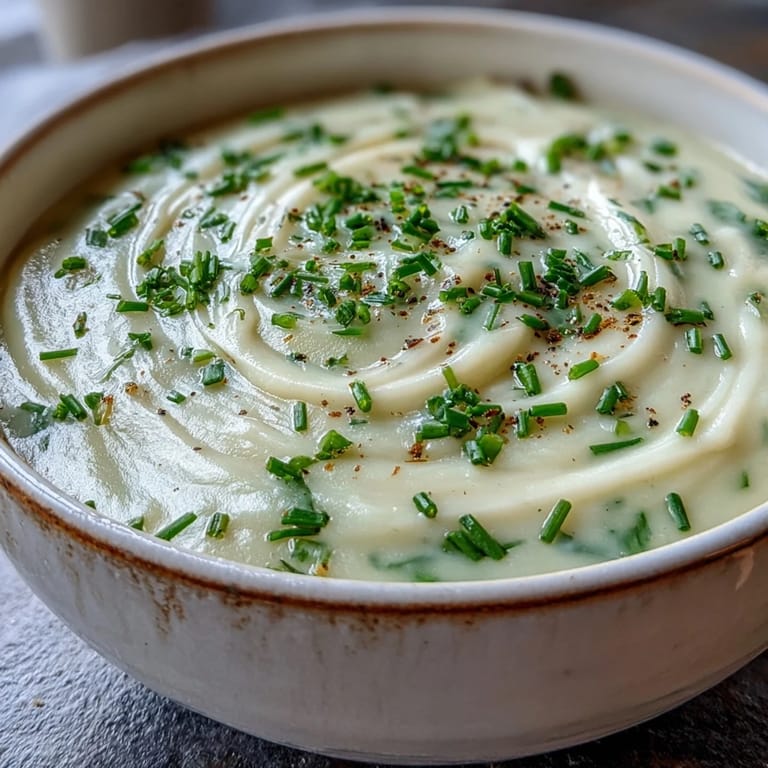 A warm bowl of Potato Leek Soup topped with crispy bacon bits and parsley, served with crusty bread.
