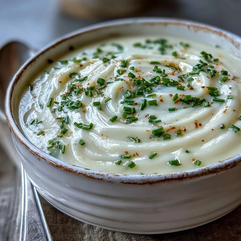 Smooth and velvety Potato Leek Soup with a swirl of cream in a white ceramic bowl, steaming and inviting.