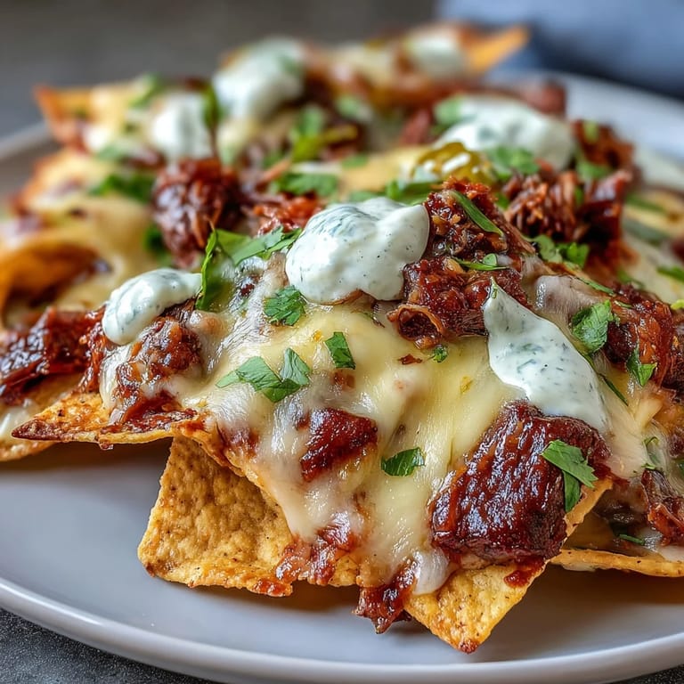 Golden BBQ Beef Nachos topped with creamy avocado slices, pickled jalapeños, and cilantro, served hot on a rustic wooden board.