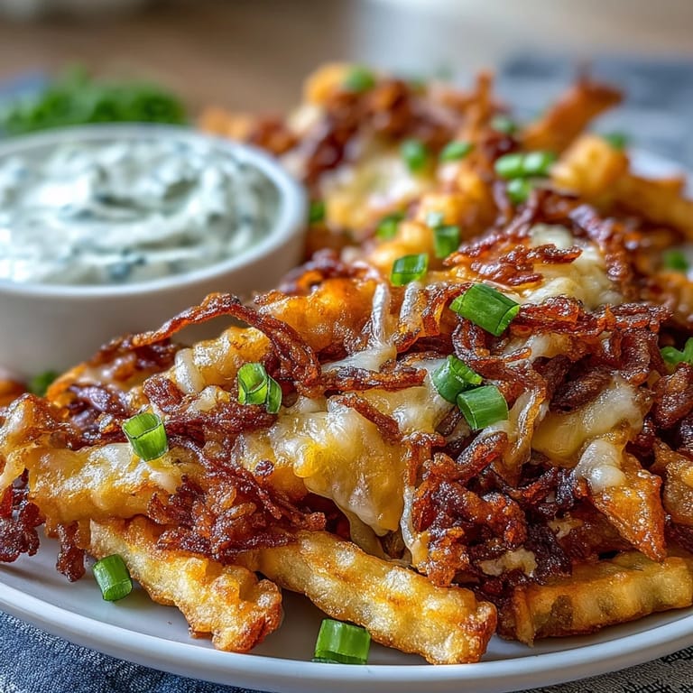 Homemade Cheesy BBQ Fries with Ranch Dip, served on a platter with a creamy dip and lager.