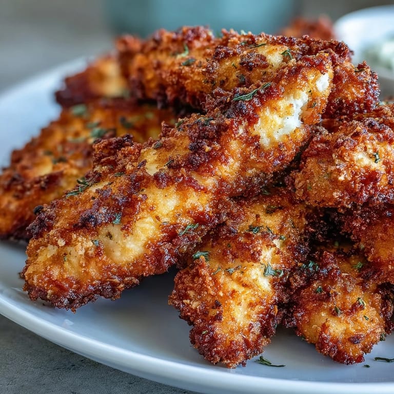 Air Fryer Chicken Strips arranged on a plate next to a small bowl of ranch dressing and fresh parsley garnish.