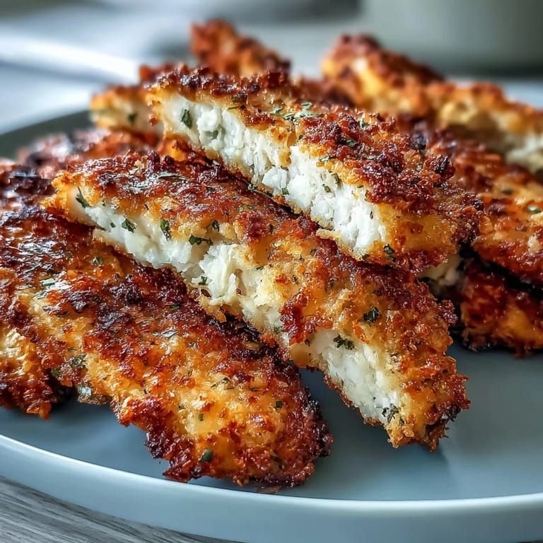 Crispy golden Air Fryer Chicken Strips with a tender center, paired with sweet potato fries on a rustic wooden table.