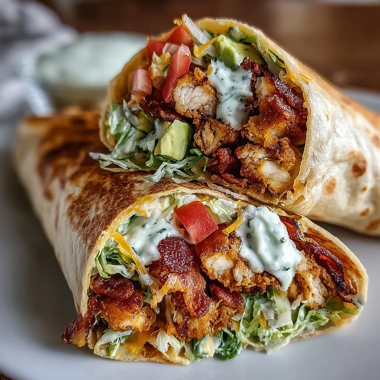 Crispy Chicken Bacon Wrap filled with creamy avocado, diced tomato, and tangy sauce, sliced to show layers on a rustic plate.