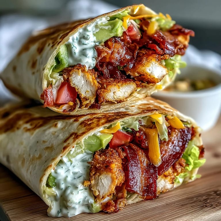 A toasted Crispy Chicken Bacon Wrap served with a small bowl of creamy dipping sauce on a striped linen napkin.