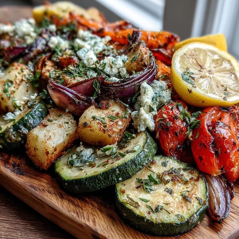 Crispy eggplant and zucchini rounds in Roasted Mediterranean Greek Vegetables garnished with parsley, olives, and a drizzle of lemon juice.