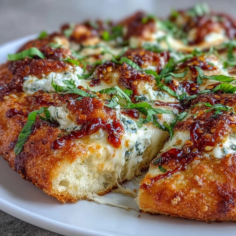 Freshly baked Hot Honey Ricotta Pizza on a wooden board, featuring bubbly cheese, creamy ricotta, and vibrant basil garnish.