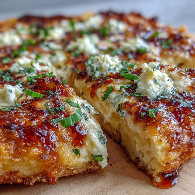 A close-up of Hot Honey Ricotta Pizza, showing fluffy crust, ricotta spread, and a generous drizzle of warm, spicy honey.