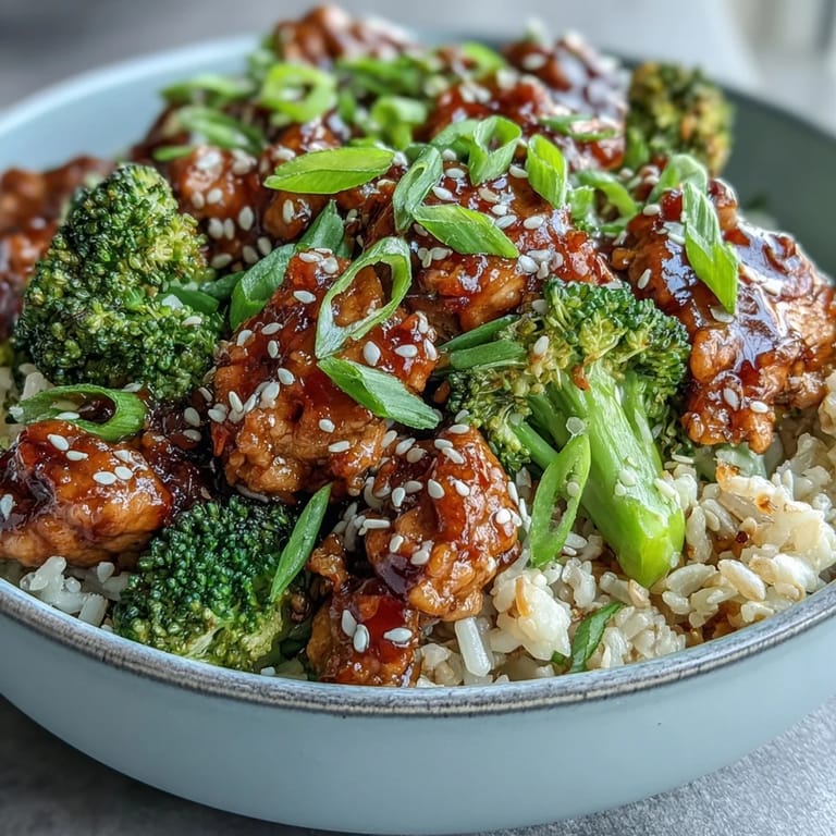 Dinner-ready Sweet and Spicy Turkey Broccoli Bowls garnished with sesame seeds, bright steamed broccoli, and savory turkey over a bed of nutty rice.