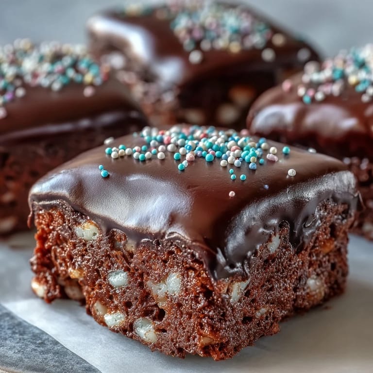 A close-up of a Chocolate Covered Rice Krispy Treats square, showing a thick, glossy chocolate layer over the crispy base.