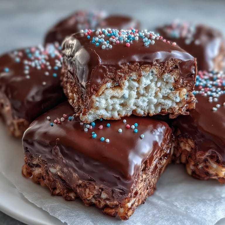 Freshly cut Chocolate Covered Rice Krispy Treats bars are served on a white platter, perfect for a party dessert tray.
