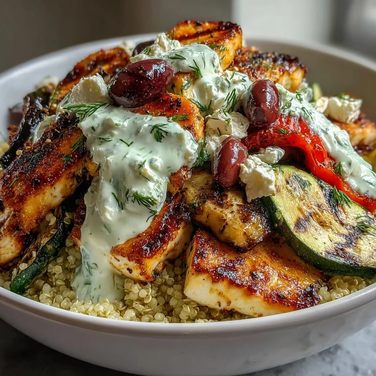 Charred vegetables add smoky flavor to a Healthy Grilled Mediterranean Bowl with briny olives and creamy tzatziki.