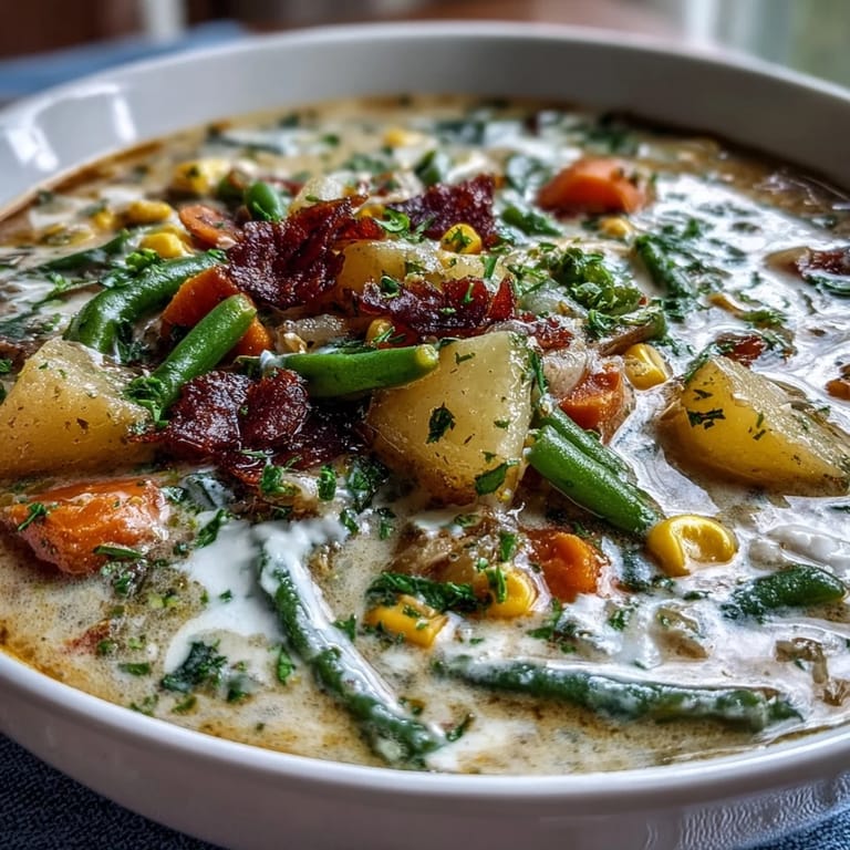 Bowl of homemade Amish Snow Day Soup garnished with fresh parsley and crusty bread on the side.