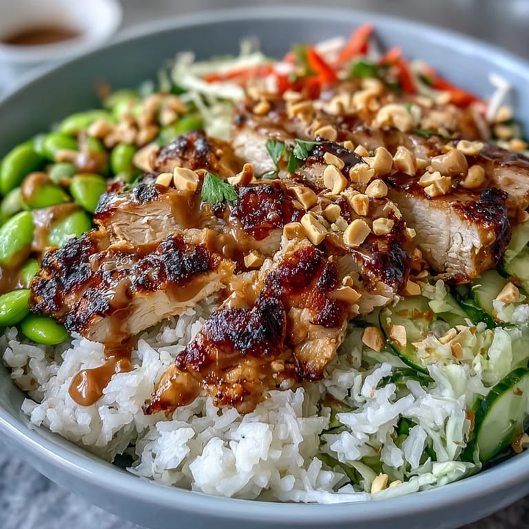 Asian-inspired coconut rice peanut bowl featuring tender chicken, crunchy cabbage, carrots, and a savory peanut dressing.