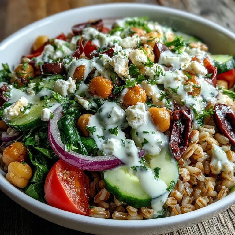 Colorful Mediterranean Farro Bowl overflowing with fresh, wholesome ingredients.