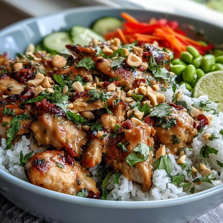 Thai Peanut Chicken Bowl garnished with fresh cilantro, peanuts, and lime wedges close-up.