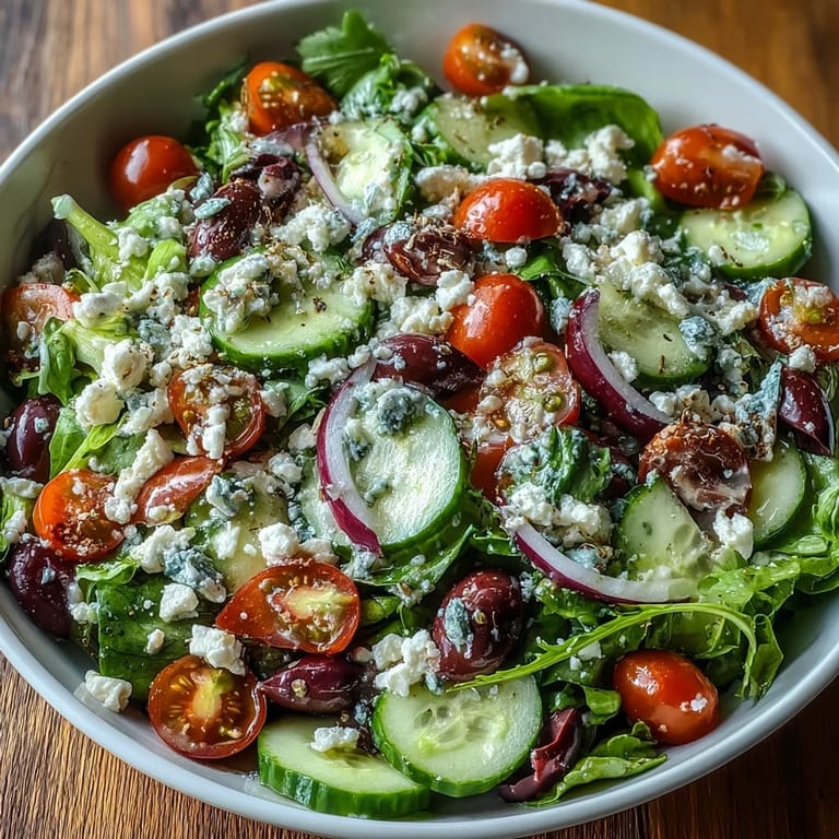 Vibrant Mediterranean Green Salad Bowl tossed with Greek dressing, served beside a crusty baguette slice for a light lunch.