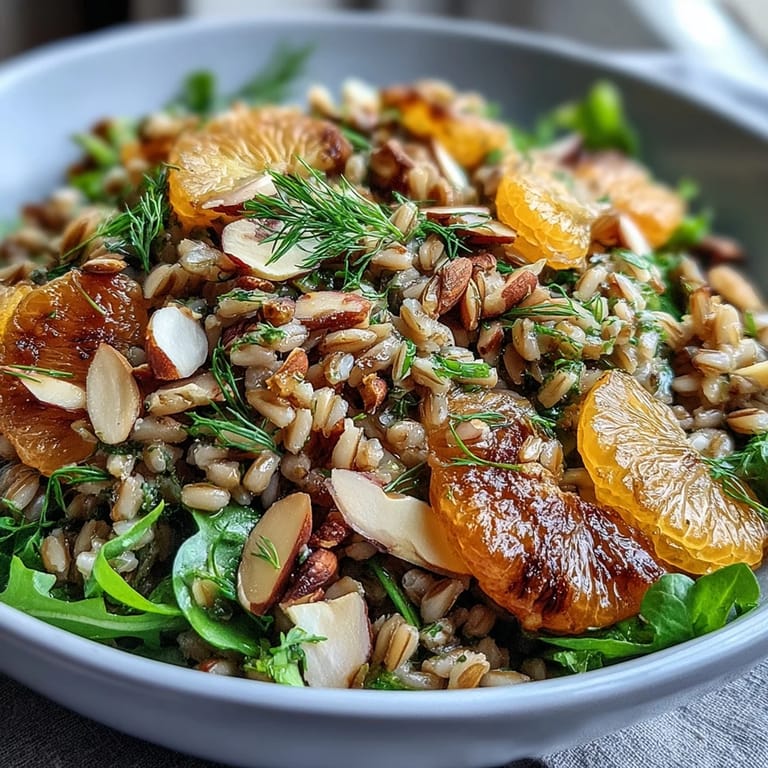 Close-up of a Farro Salad Bowl with Fennel, Oranges & Almonds highlighting bright orange segments and golden toasted almonds on hearty Mediterranean grains.