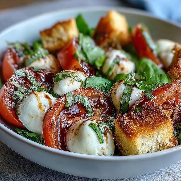 Serving suggestion for Caprese Salad Bowl with juicy tomatoes, creamy mozzarella, fresh basil, and rustic bread.