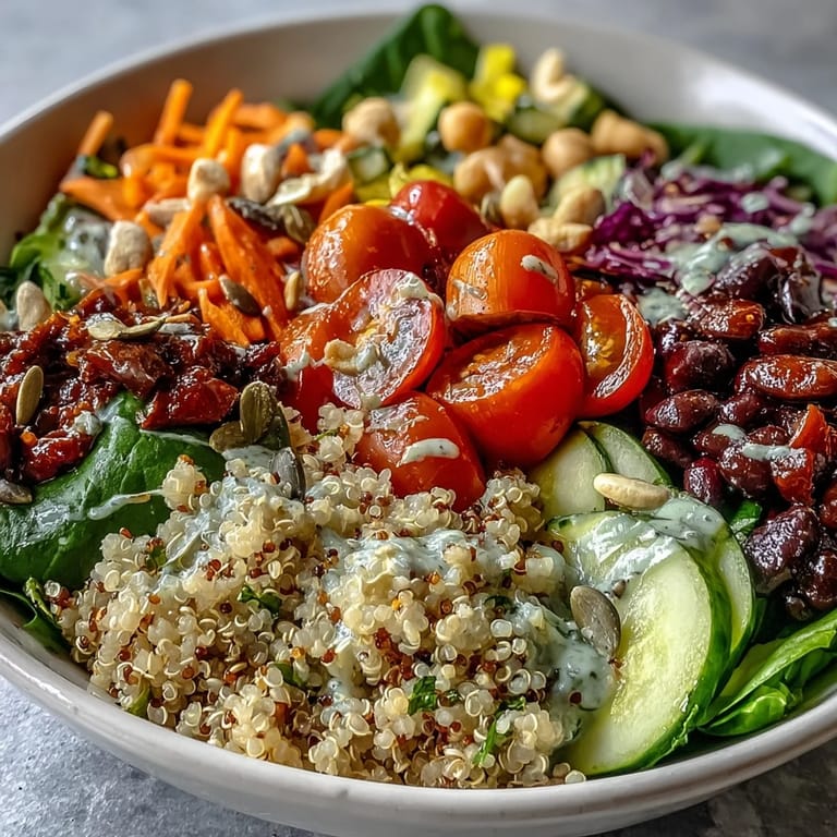 Nutrient-packed vegan rainbow salad bowl with crunchy nuts, seeds, and colorful vegetables, served as a wholesome main dish.