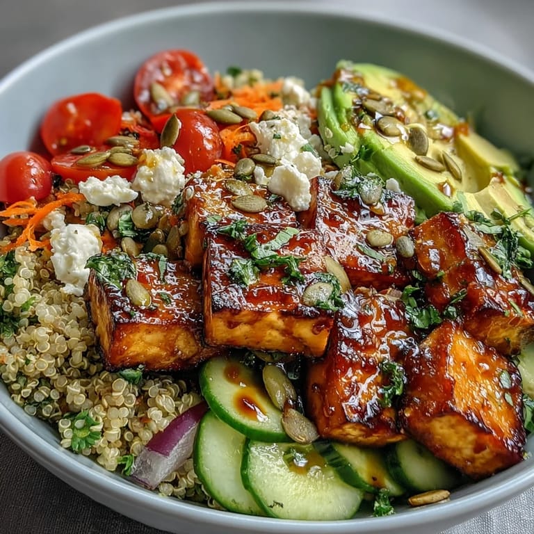 Warm Simple Grain Bowl featuring fluffy brown rice, grilled chicken, cucumbers, carrots, and feta cheese, garnished with fresh herbs and a tangy dressing.