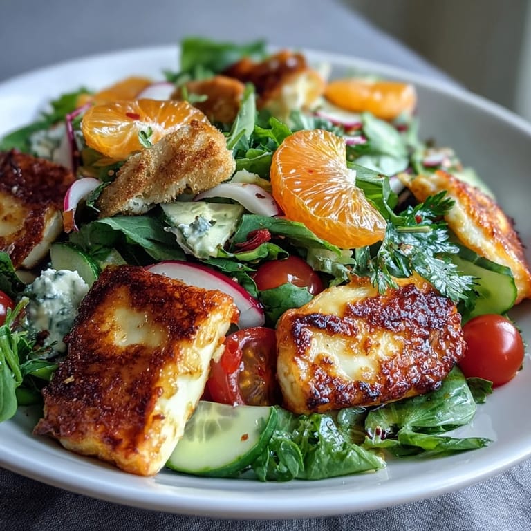 Warm halloumi cheese and juicy citrus served over a colorful salad bowl.