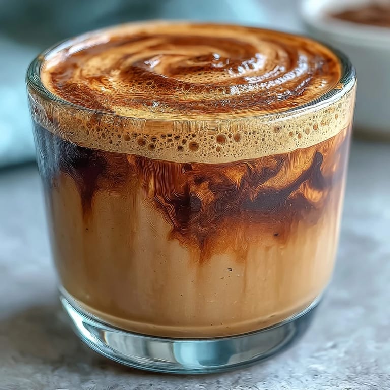 Close-up of a homemade Hojicha Flat White, revealing delicate latte art on the frothy surface of this nutty, Japanese-inspired coffee alternative.