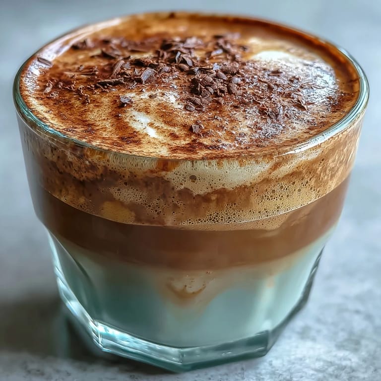 A cozy cup of Hojicha Macchiato with roasted tea aroma and a sprinkle of cocoa powder.