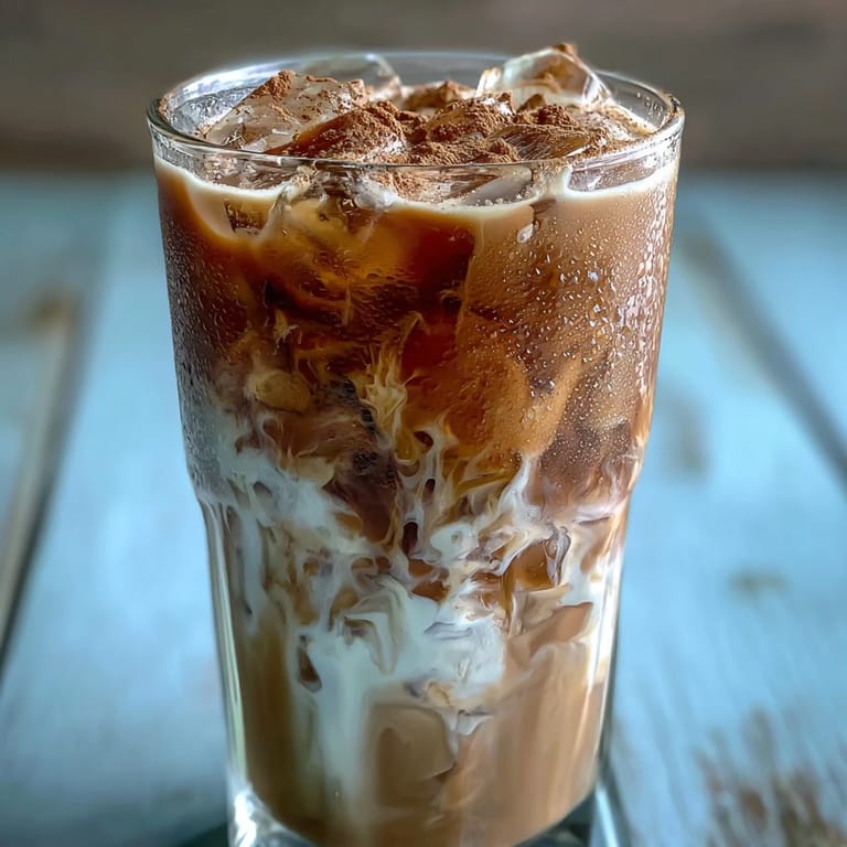 Close-up of a glass of Iced Hojicha with Cinnamon showing rich roasted tea tones and melting ice cubes.