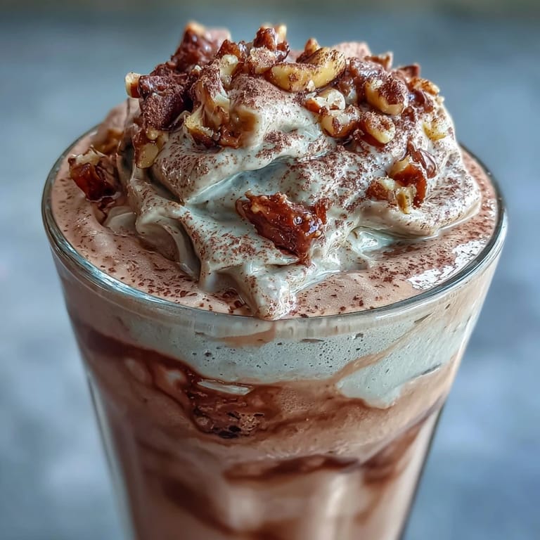 Hojicha milkshake being poured from blender into a glass, showing its rich brown color and smooth, frothy texture.
