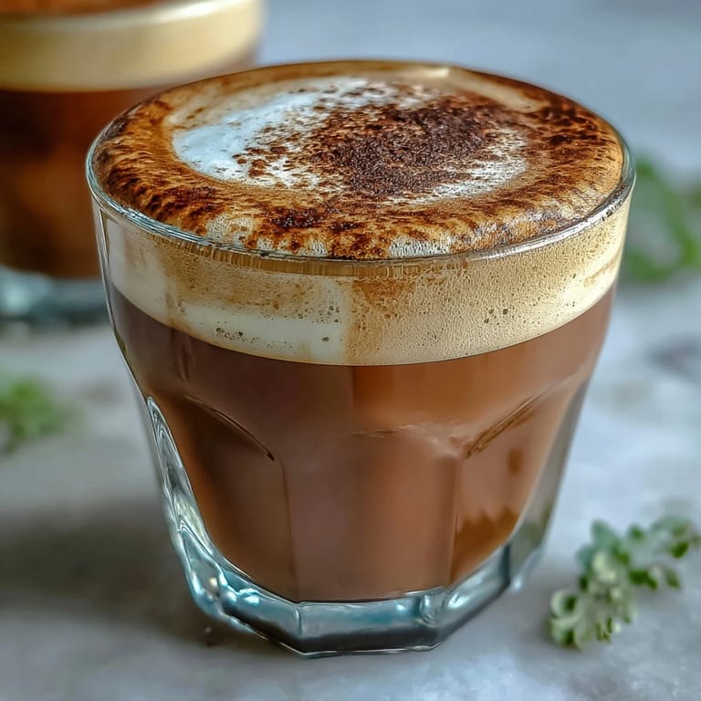 A freshly prepared Hojicha Cortado topped with light foam, ready to sip alongside a cozy reading nook or morning pastry.