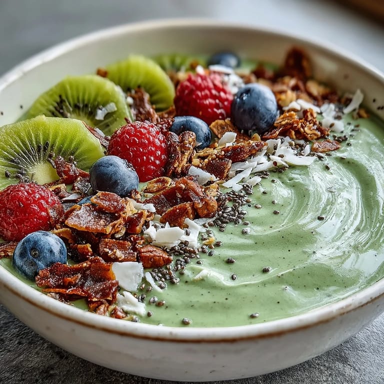Spoonful of thick hojicha smoothie bowl topped with granola, strawberries, blueberries, and coconut flakes, next to iced hojicha tea.